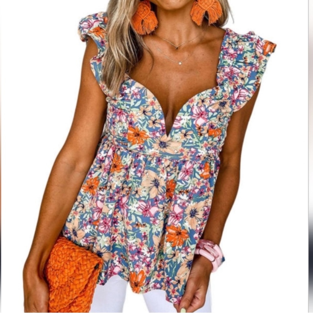 Multicolor Floral Ruffle Straps Sweetheart Peplum Tank